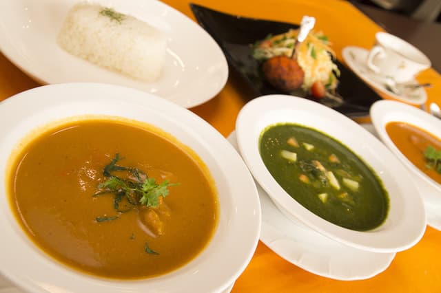HALAL & VEGGIE Restaurant ポンテロッソ - トマトとチキンのレッドカレーやサーグマトン（ほうれん草のラムカレー）鮮やかな色が食欲をそそります！