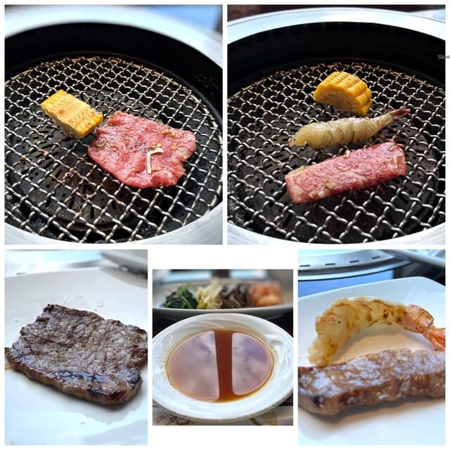 叙々苑 - ＊焼いていま～す。 カルビはジューシーで柔らかく旨味が濃厚で美味しいですね。 赤身も同じく柔らかく旨味を感じ、これも好きです。 海老チャンも美味しいこと。♪