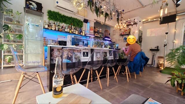ever free - 店内は白い天井、白い壁&ガラス張り壁、ライトグレーのタイル貼り床、シャンデリア&裸電球ペンダント照明、珍しい植物《売り物》が飾られており、お洒落かつエコロジーな雰囲気、BGMは洋楽&J-POP