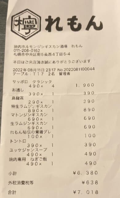 焼肉ホルモンジンギスカン酒場 れもん -