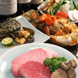 A full course meal featuring Kobe beef, fresh abalone, and Etsai shrimp